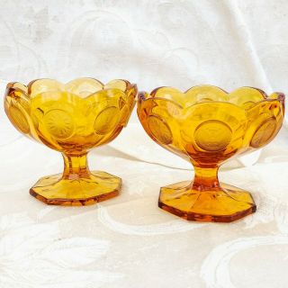 2 Pc Set Vintage Fostoria Coin Glass Amber Footed Open Jam Jelly Bowls 3.  75 "