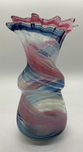 Vintage Art Glass Vase Hand Blown,  Clear,  White,  Pink & Blue Swirl Ruffled Edge