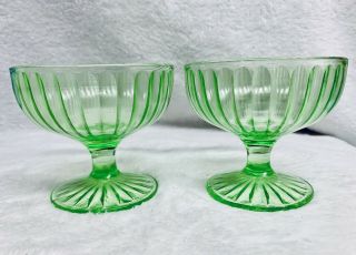 Vintage Set Of 2 Green Depression Uranium Glass Sherbet Footed Dessert Dishes