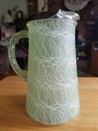 Vintage Green Spaghetti String 8 " Glass Pitcher Rubber Coated Mid Century