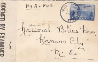 Newfoundland 1944 Censor Dc/49 Airmail Cvr Grand Falls To Kansas City Mo 7c Rate