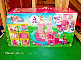 Barbie Pop - Up Camper Transforms Into 3 - Story Play Set With Pool Rv Cjt42 Mattel