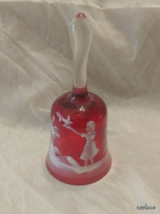 Vintage Ruby Red Cranberry Hand Painted Glass Bell Girl W Bird