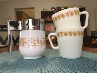 Vintage Pyrex Butterfly Gold Mug And Creamer Set 2 D Handle Mugs & Gemco Creamer