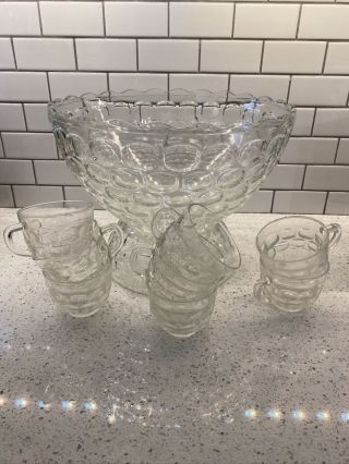 Federal Glass Thumbprint Punch Bowl Set With 8 Cups And Stand,  No Ladle,  Euc