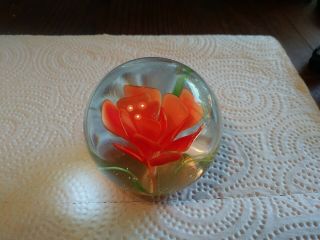 2 1/2” Diameter Glass Paperweight With Flower And Leaves