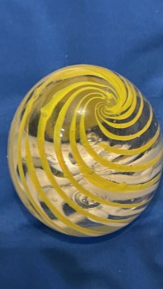 Murano Glass —yellow,  Swirled,  Spiraled Egg Shaped Art Glass Paper Weight