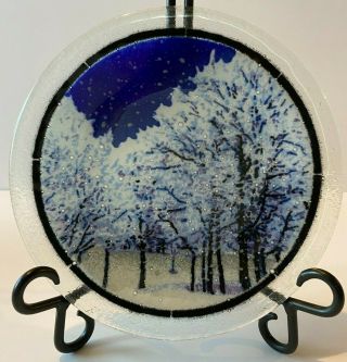 Wonderful 8 " Peggy Karr Signed Fused Glass Winter Trees Scene Plate