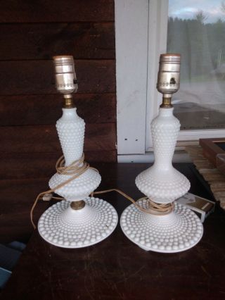 Set Of 2 White Milk Glass Hobnail Bedside Table Lamps