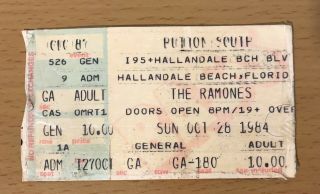 1984 The Ramones At The Button South Hallandale Florida Concert Ticket Stub