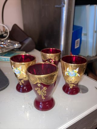 Set Of Four Red Antique Bohemian Heavy Gold Gilded Ornate Shot Glass