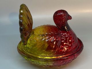 Vintage Amberina Turkey On Nest Glass Dish Red/yellow Thanksgiving