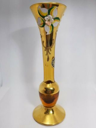 Murano Amber Gold Art Glass Bud Vase With Applied Flowers And Gold 6 ",  Label