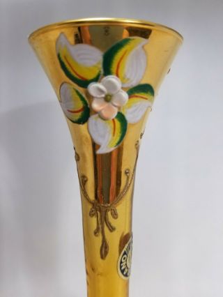 Murano Amber Gold Art Glass Bud Vase With Applied Flowers And Gold 6 