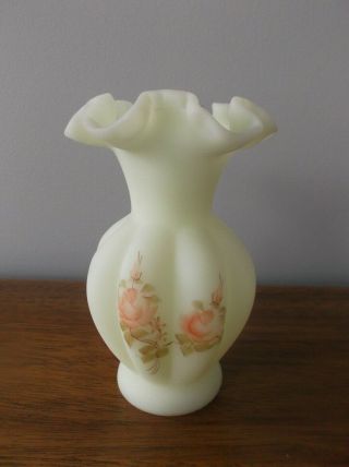 Fenton Custard Glass Melon Vase Hp Flowers Ruffled Crimped Rim Signed 5 - 3/4 "