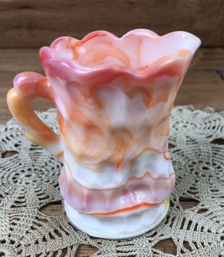 Vintage Orange & White Marble Swirl Slag Milk Glass Creamer 3 1/2 Inch 2