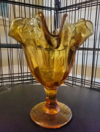 Vintage Amber Glass Pedestal Compote Candy Dish Fluted Ruffled Edge