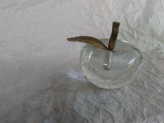 Paperweight Art Glass Apple Clear With Brass Stem And Leaf Small Bubbles