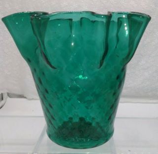Empoli Style Mid Century Optic Teal/blue Large Glass Ruffle Top Vase 7 " Tall