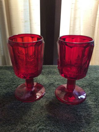 Two L G Wright Paneled Grape Fenton Ruby Red Unique Glass Stem Goblet 6” High.