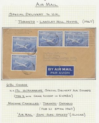 Canada 1947 4x17c Special Delivery Airmail Cover Toronto To Langley Mill England