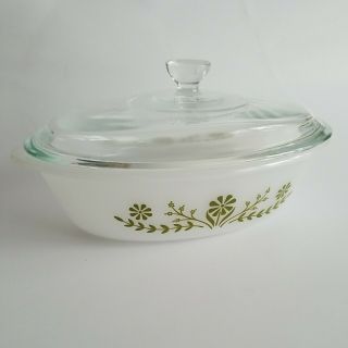 Vintage Glasbake J235 1 Qt Oval Casserole Dish With Lid Green Flowers Milk Glass