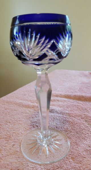 Vintage Czech Bohemian Cut To Clear Crystal Cobalt Blue Wine Goblet