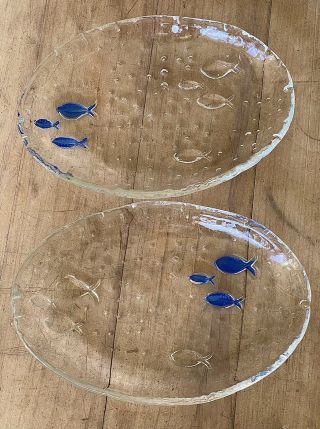 Art Glass Oval Bubble Plate Bowl Clear With Three Small Blue Fish