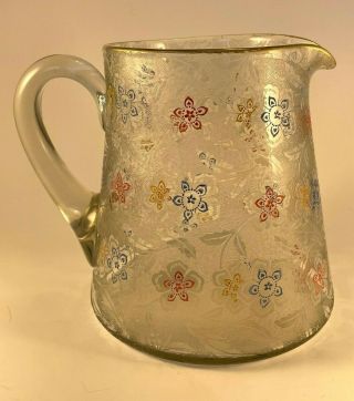 Vintage Etched Glass Pitcher With Gold Trim And Etched Fruit - 1950s - 6.  5 " Tall