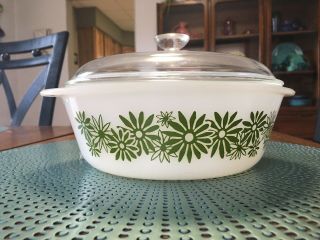 Vintage Glasbake Green Daisy Flowers 2 Quart Casserole With Pyrex Glass Lid