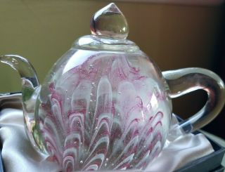 Tea Pot Paperweight by Dynasty Gallery Heirloom Collectibles.  Pink wavy design. 2