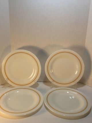 Set Of 4 Vintage Pyrex 9.  75” Milk Glass Plates With Double Gold Stripes 350