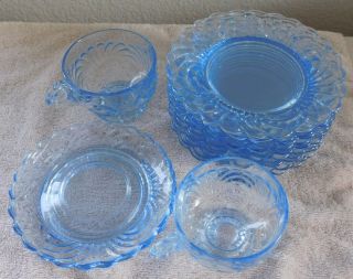 Set Of 14 Vintage Blue Depression Glass Plates & Tea Cups - Very Good Cond.