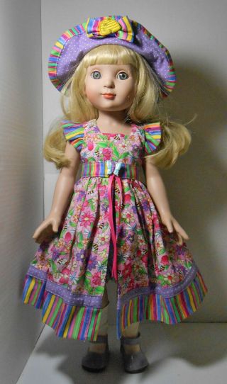 18 " Mary Engelbreit Ann Estelle Doll Wearing Adorable Homemade Dress Hat Outfit