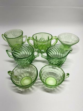 Set Of 7 Green Depression Glass Cups / Dishes,  Look