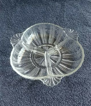 Vintage 3 Section Clear Glass Divided Relish Condiment Dish Nuts Candy Bowl Tray