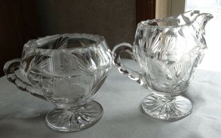 Unbranded Cut Glass Creamer & Sugar Butterfly & Thistle Etch