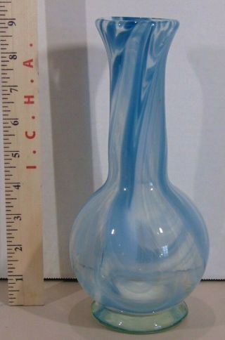 Vintage Hand Blown Art Glass Vase With Blue/white Swirls