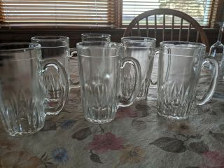 Set Of 6 Vintage Hazel Atlas Clear Glass Drinking Mugs / Beer Mugs