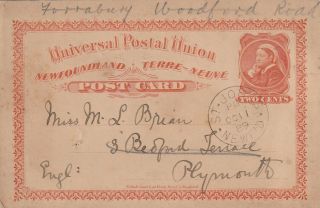 Newfoundland To Uk St Johns Queen Victoria 2c Widow Weeds Upu Post Card 1889