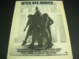 Pearl Jam.  Never Has Arrived 1991 Rsm Promo Poster Ad