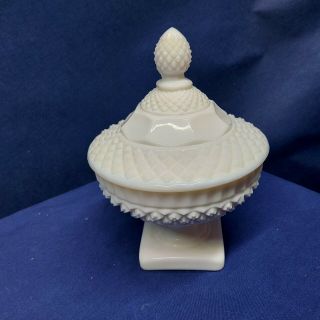 Vintage Diamond Pattern Milk Glass Pedestal Sugar Bowl With Lid Usa