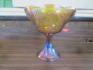 Vintage Indiana Harvest Grape Design Marigold Carnival Glass Compote Center Bowl