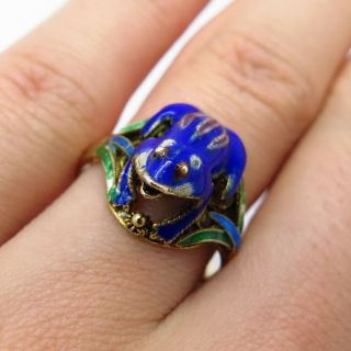 Antique Silver Chinese Cloisonne Cobalt Blue Enamel Frog Adjustable Ring Size 7