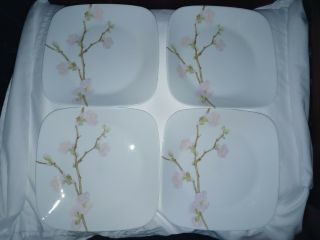 Set Of 4 Corelle By Corning Cherry Blossom Square Dinner Plates 10 1/2 " Euc