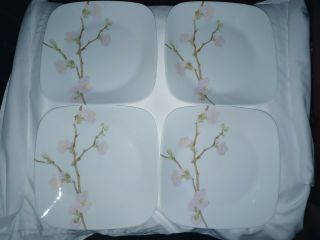 Set of 4 Corelle by Corning Cherry Blossom Square Dinner Plates 10 1/2 