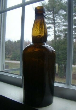 Antique Civil War Period,  Crude,  Whittled Olive Amber Liquor Bottle