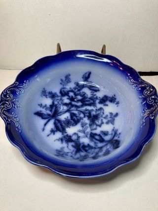 Antique Flow Blue Azalea Handled Serving Bowl Gold Accents - 10 1/4 "