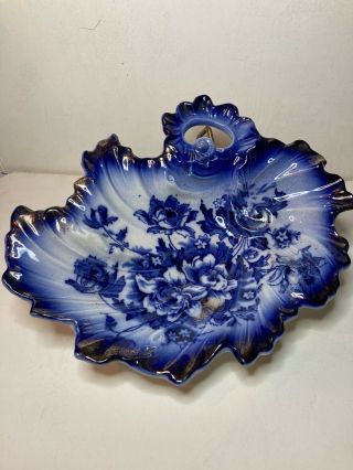 Antique Flow Blue Fan Shape Handled Bowl Gold Details - 12 " - Impressive