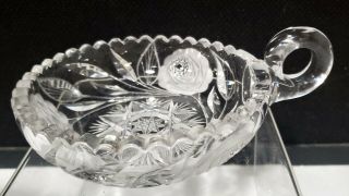 Vintage Heavy Crystal Cut Glass Nappy Bowl With Handle Wheel Cut Roses